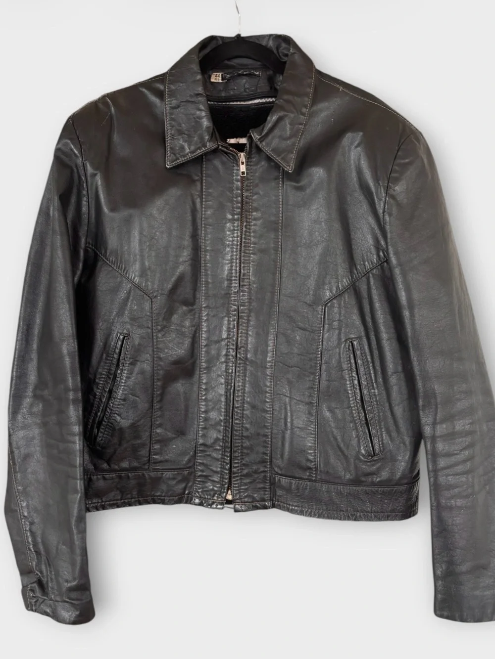 Vintage Sears The Leather Shop Black Leather Jacket Sherpa Lined Sz 44R Zip Moto